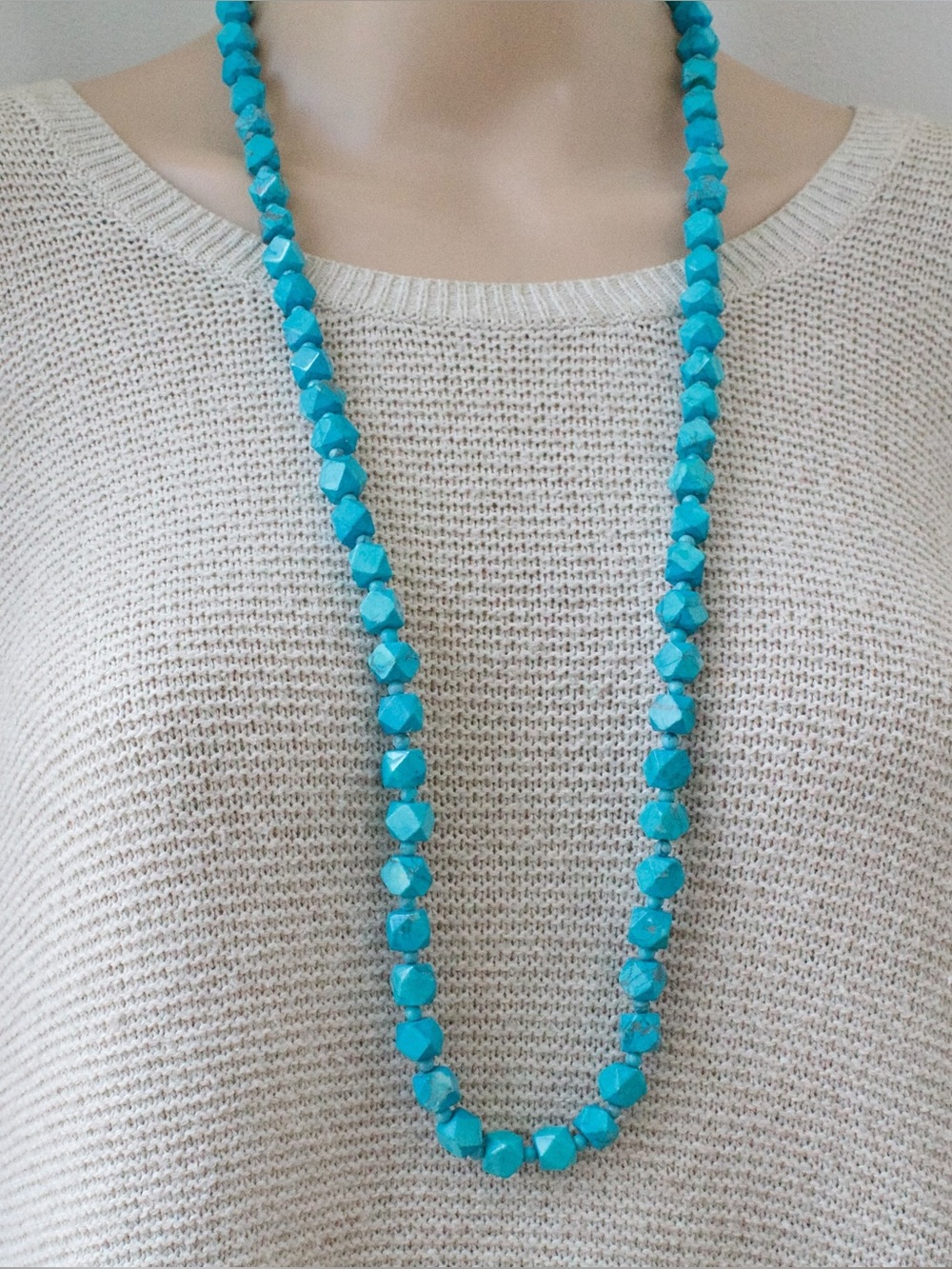 Vintage Simulated Turquoise Beaded Necklace 35” Extra Long Beads Strand